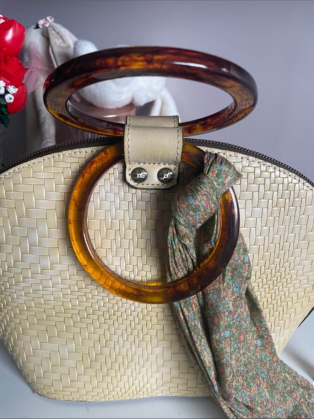 Patricia Nash Cream Woven Dome Tote with Amber Handle